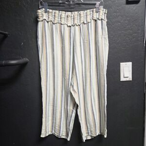 89th + Madison Striped Rayon Smocked Waist Crop Pants Blue Tan Cream XL‎